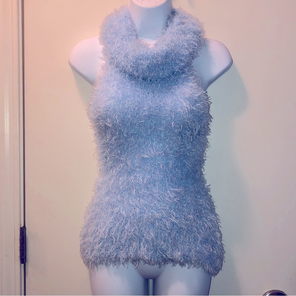 XOXO Baby Blue Stretchy Sleeveless Cowl Neck Fuzzy Sweater-top